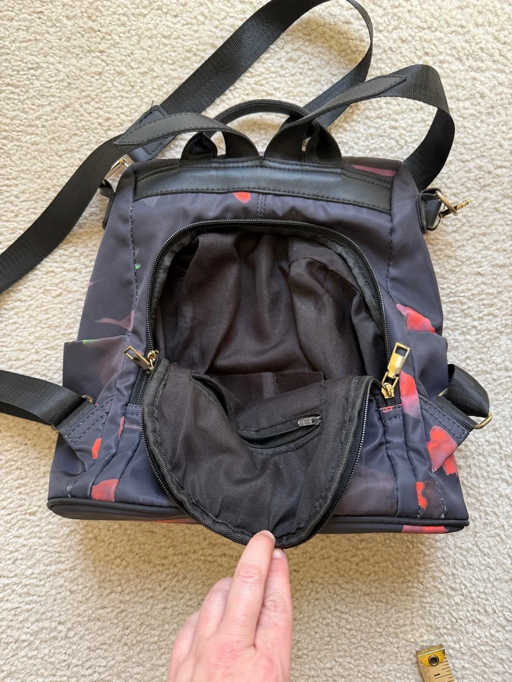 Black Floral Print Nylon Backpack - Women's Convertible Daypack